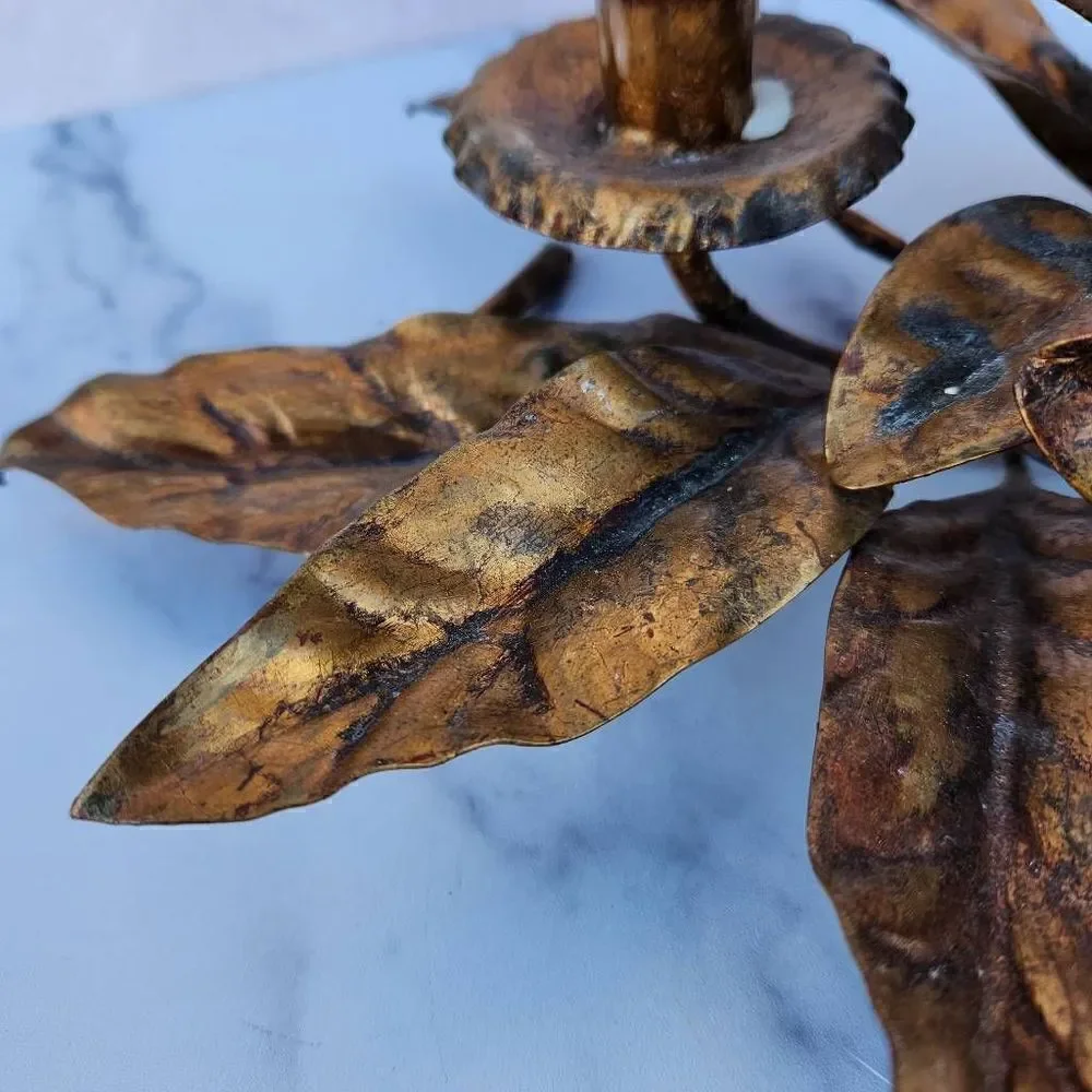 Vintage mid Century golden Bronze leaf candle sconce tri holder ivory flowers
